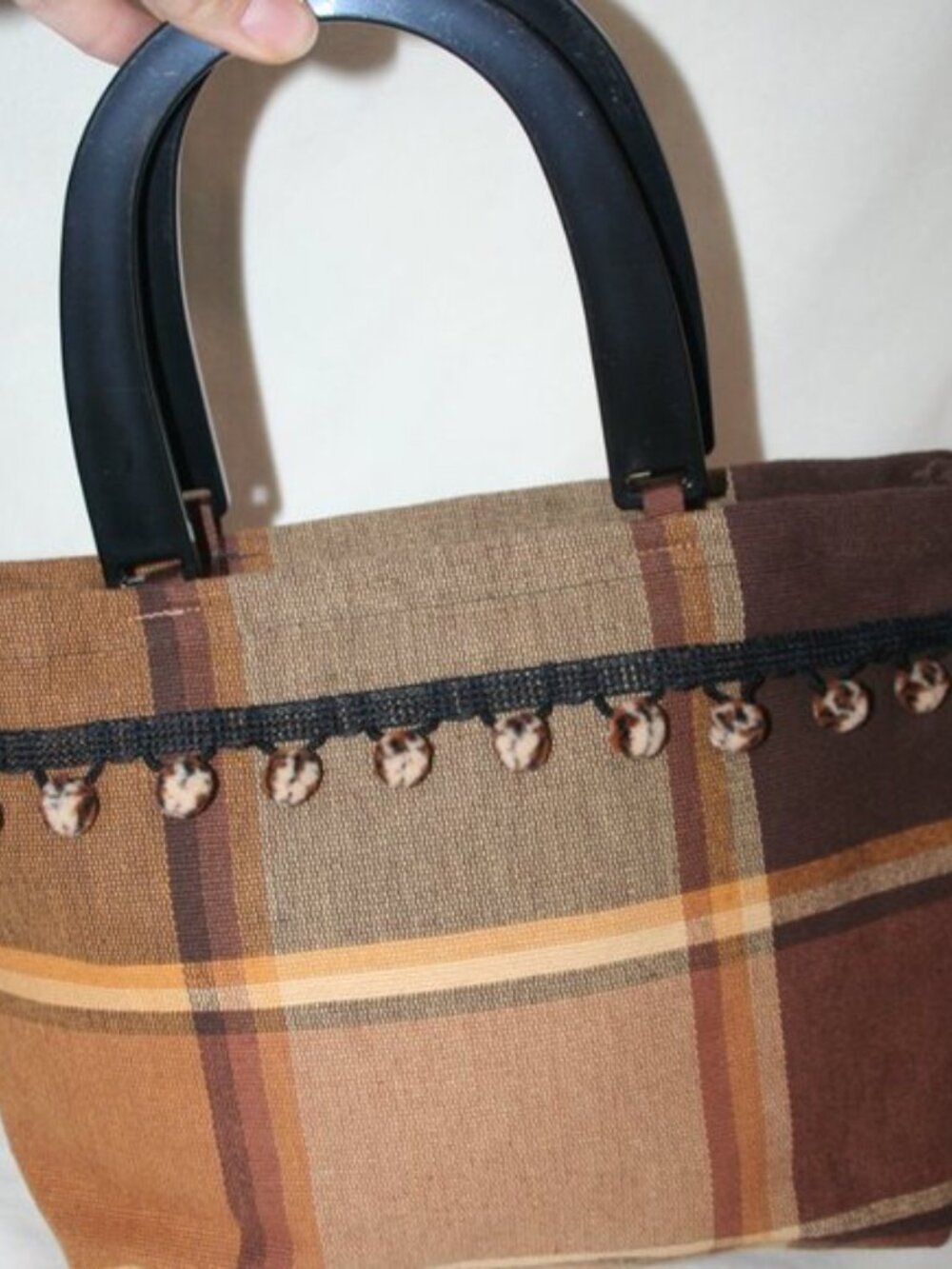 NWOT POM POM PURSE AUTUMN PLAID CANVAS TOASTED BROWN SMALL TOTE BAG CARRYALL - Picture 15 of 15
